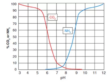 CO 2和pH相關，影響NH 3的毒性